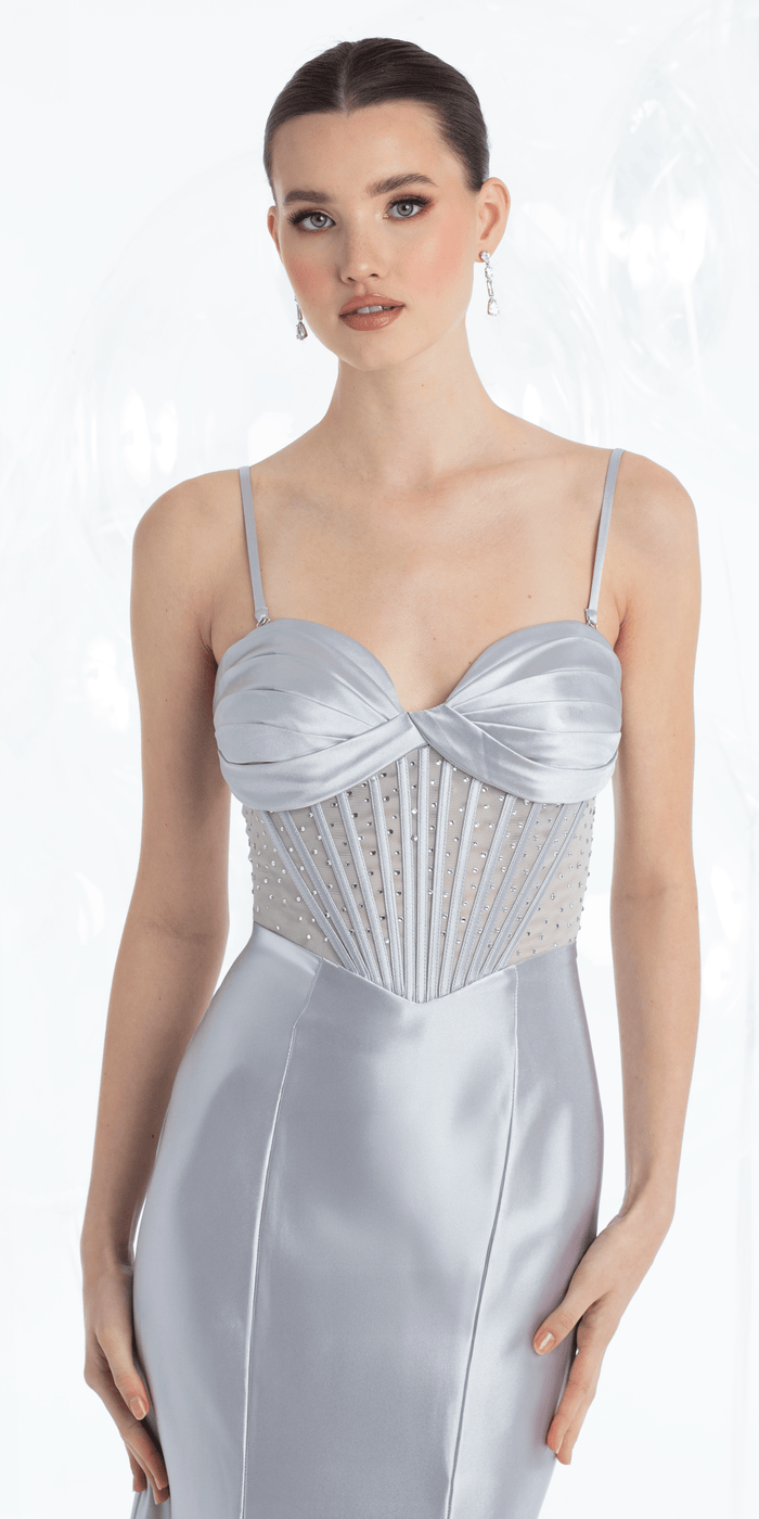 silver/size/4/missy/Camille La Vie/Sweetheart Satin Illusion Corset Trumpet Dress with Heat Set Beads/close up
