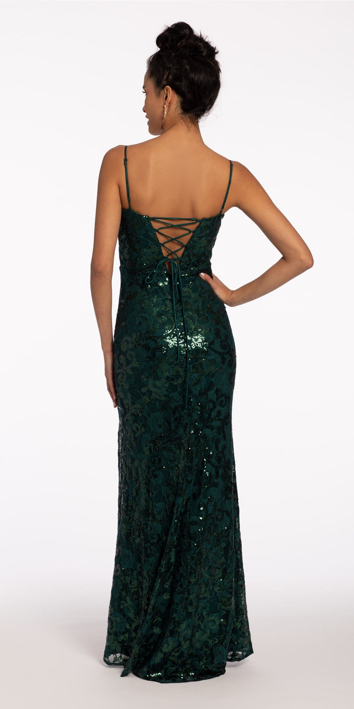 hunter-green/size/4/missy/Camille La vie/Sweetheart Sequin Floral Lace Corset Column Dress/back