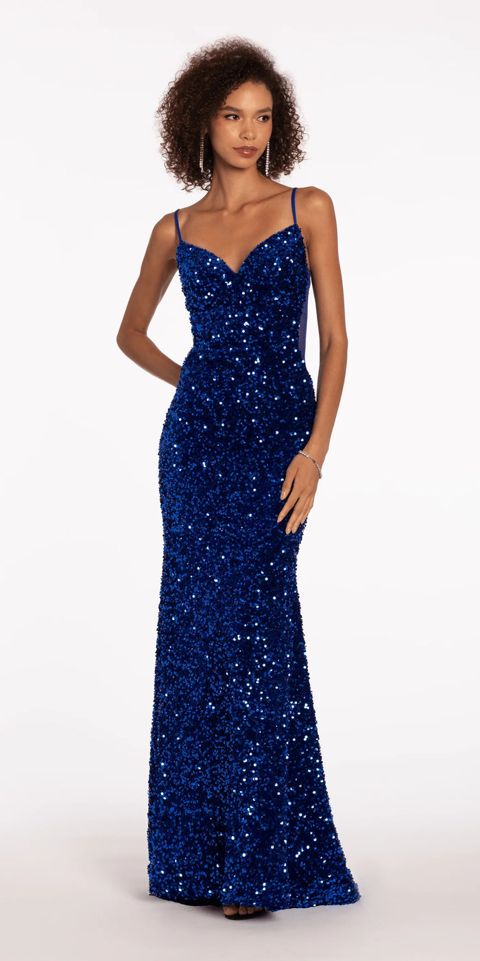 Sweetheart Sequin Trumpet Dress with Sheer Panels - Camille La Vie