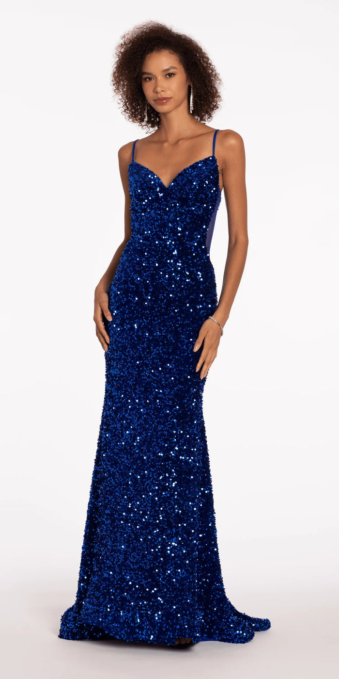 Sweetheart Sequin Trumpet Dress with Sheer Panels - Camille La Vie