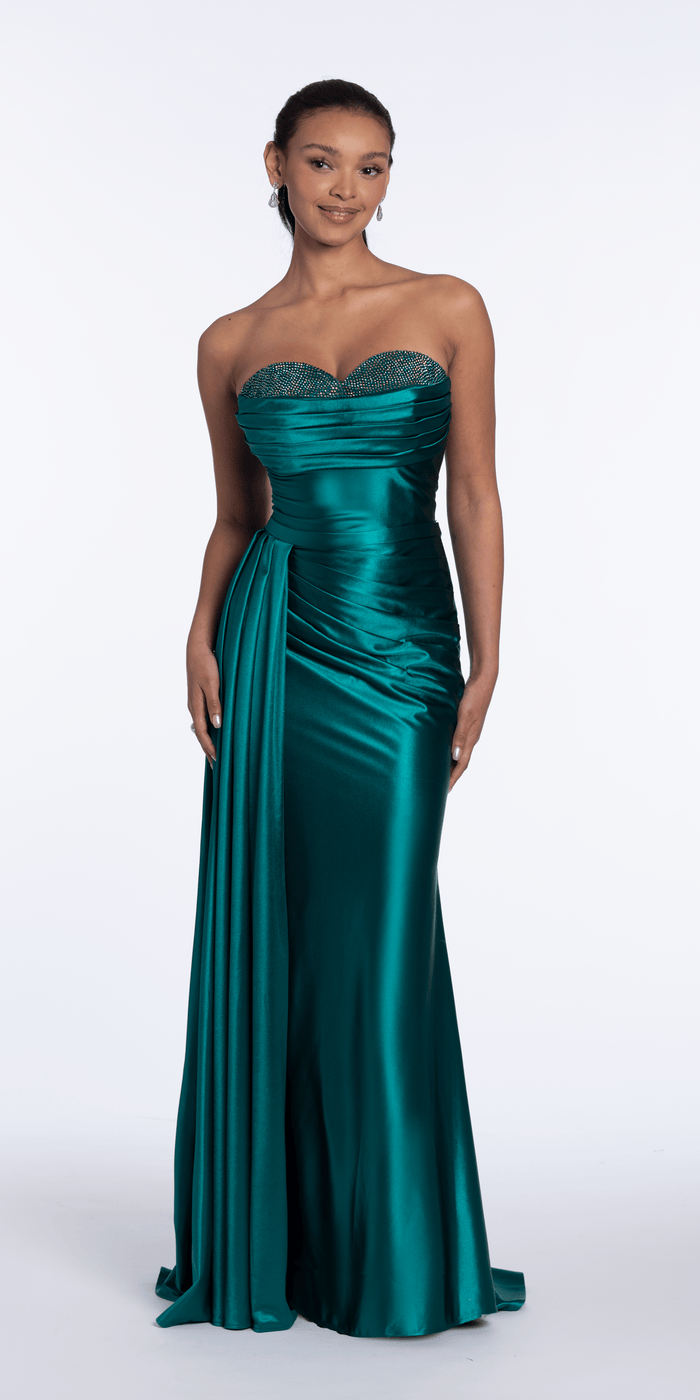 Sweetheart Sparkle Stretch Satin Column Dress with Side Drape - Camille La Vie