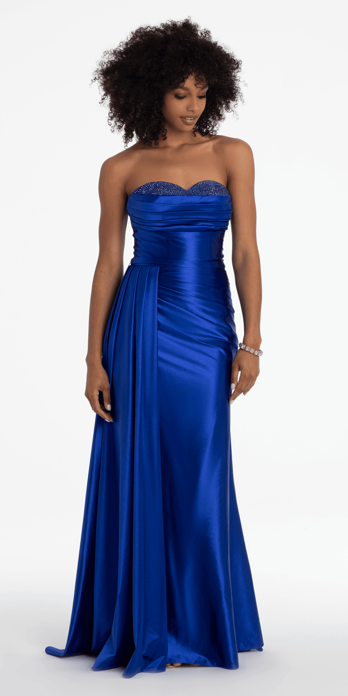 royal-blue/size/4/missy/Camille La Vie/Sweetheart Sparkle Stretch Satin Column Dress with Side Drape/front