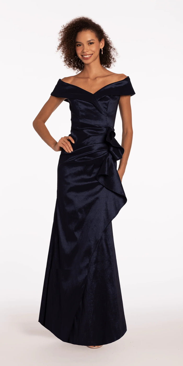 Taffeta Cuff Off the Shoulder Column Dress with Side Slit - Camille La Vie