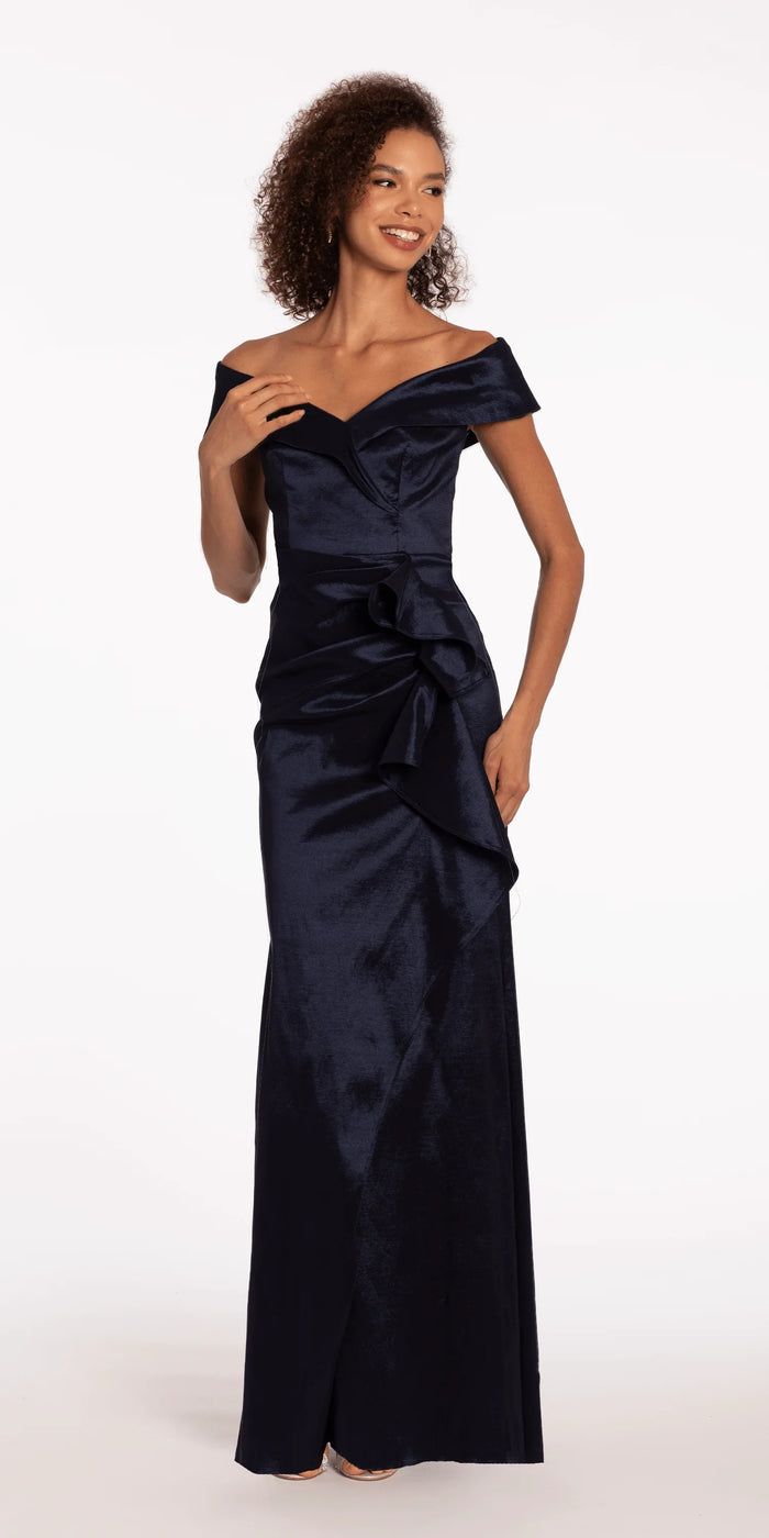 Taffeta Cuff Off the Shoulder Column Dress with Side Slit - Camille La Vie