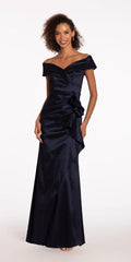 Taffeta Cuff Off the Shoulder Column Dress with Side Slit - Camille La Vie
