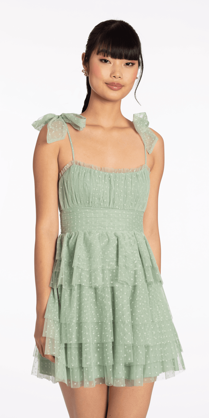 Tiered Mesh Embossed Fit and Flare Dress with Tie Straps - Camille La Vie