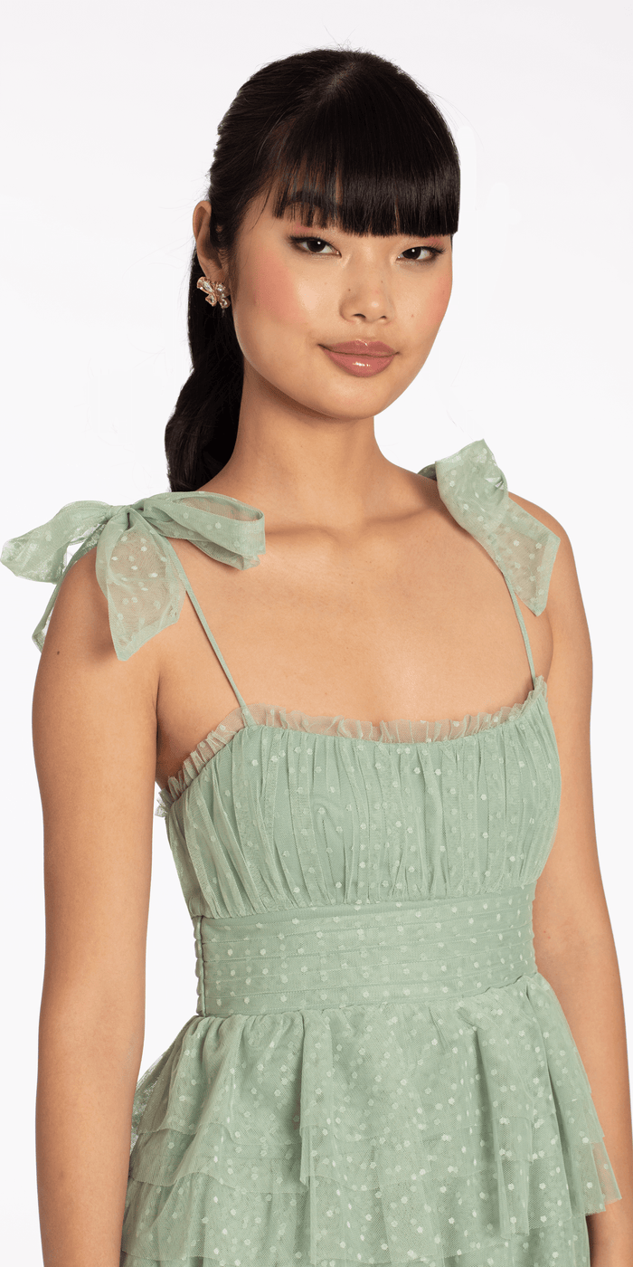 Tiered Mesh Embossed Fit and Flare Dress with Tie Straps - Camille La Vie