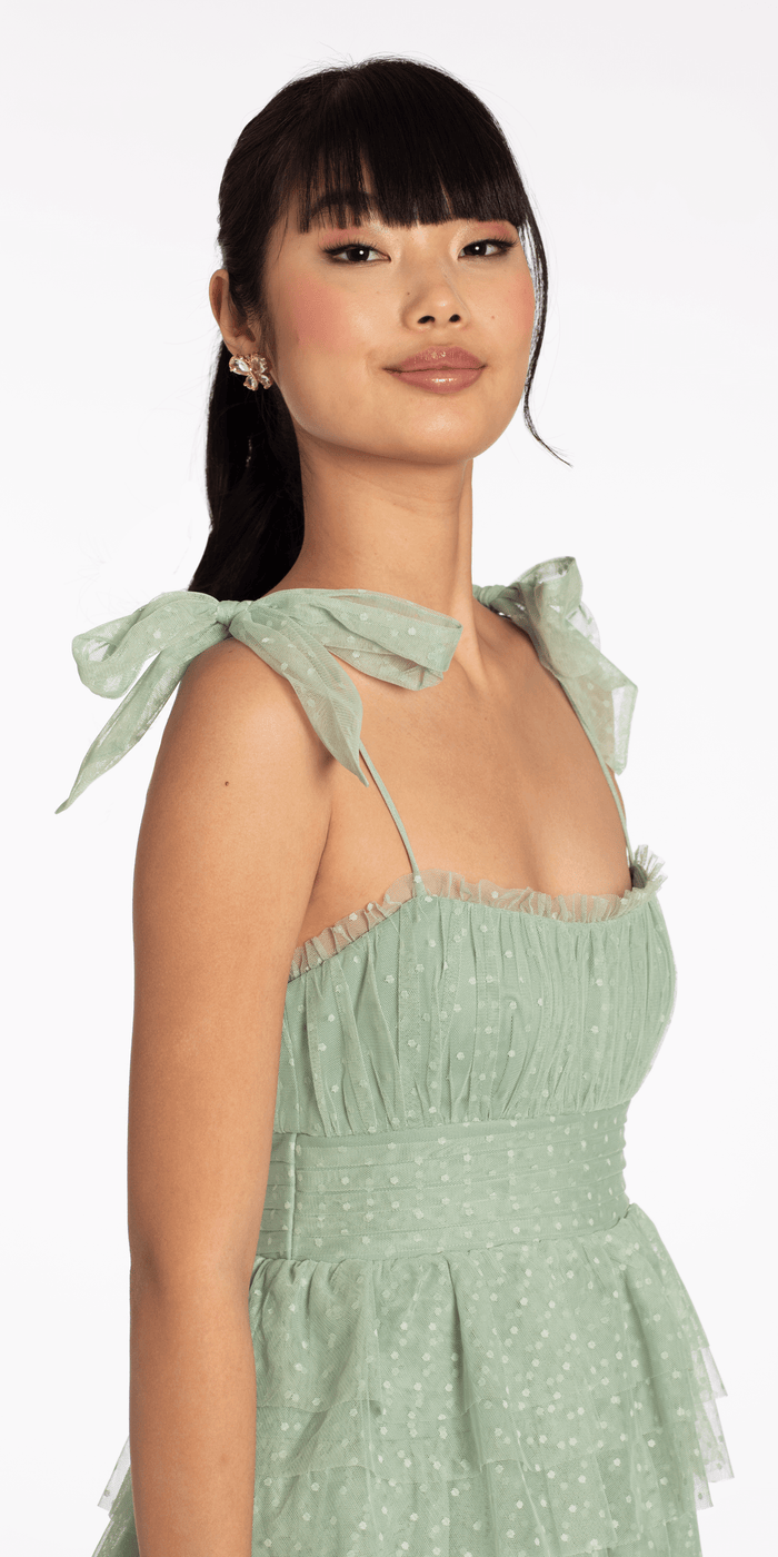 Tiered Mesh Embossed Fit and Flare Dress with Tie Straps - Camille La Vie