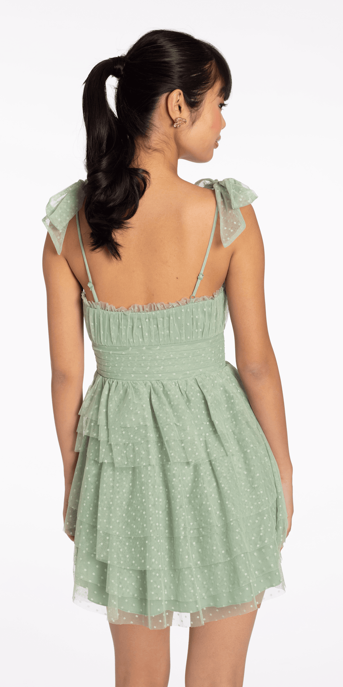 Tiered Mesh Embossed Fit and Flare Dress with Tie Straps - Camille La Vie