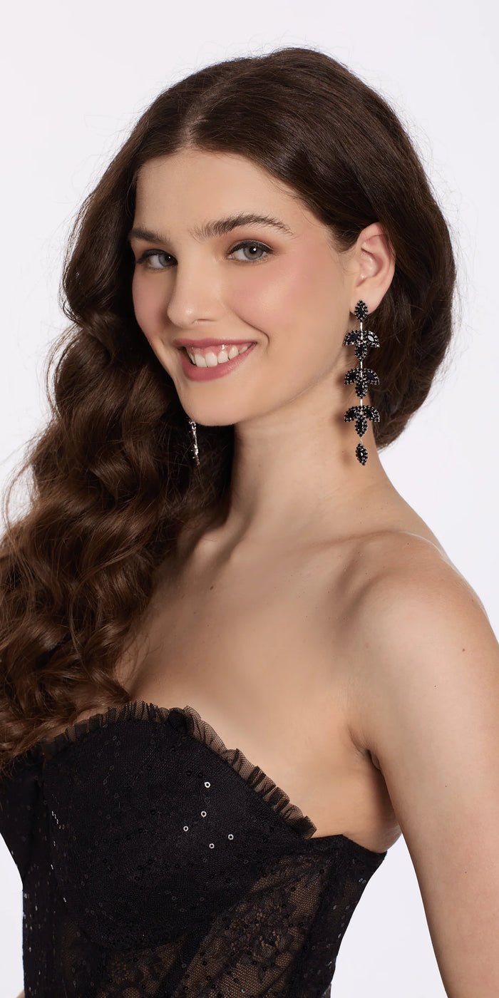 gold/one size/ Camille La Vie/Triple Leaf Linear Drop Earrings /model