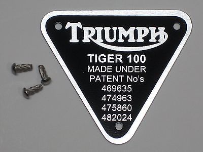 Triumph patent plate Tiger 100 Twin UK Made with rivets timing cover badge alloy