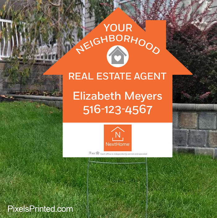 Next Home agent house shaped yard sign neighborhood farming