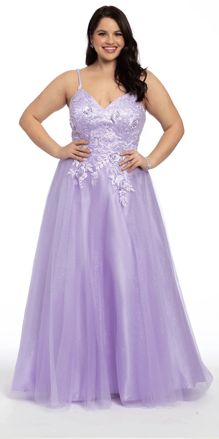 lilac/size/14/plus/Camille La Vie/Tulle Lace Up Back Ballgown with 3D Appliques/front alt