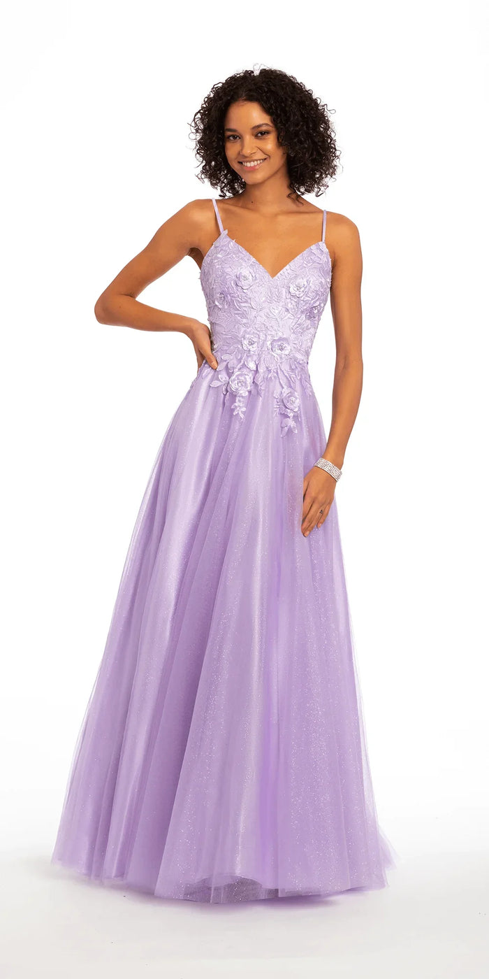 lilac/size/4/missy/Camille La Vie/Tulle Lace Up Back Ballgown with 3D Appliques/front