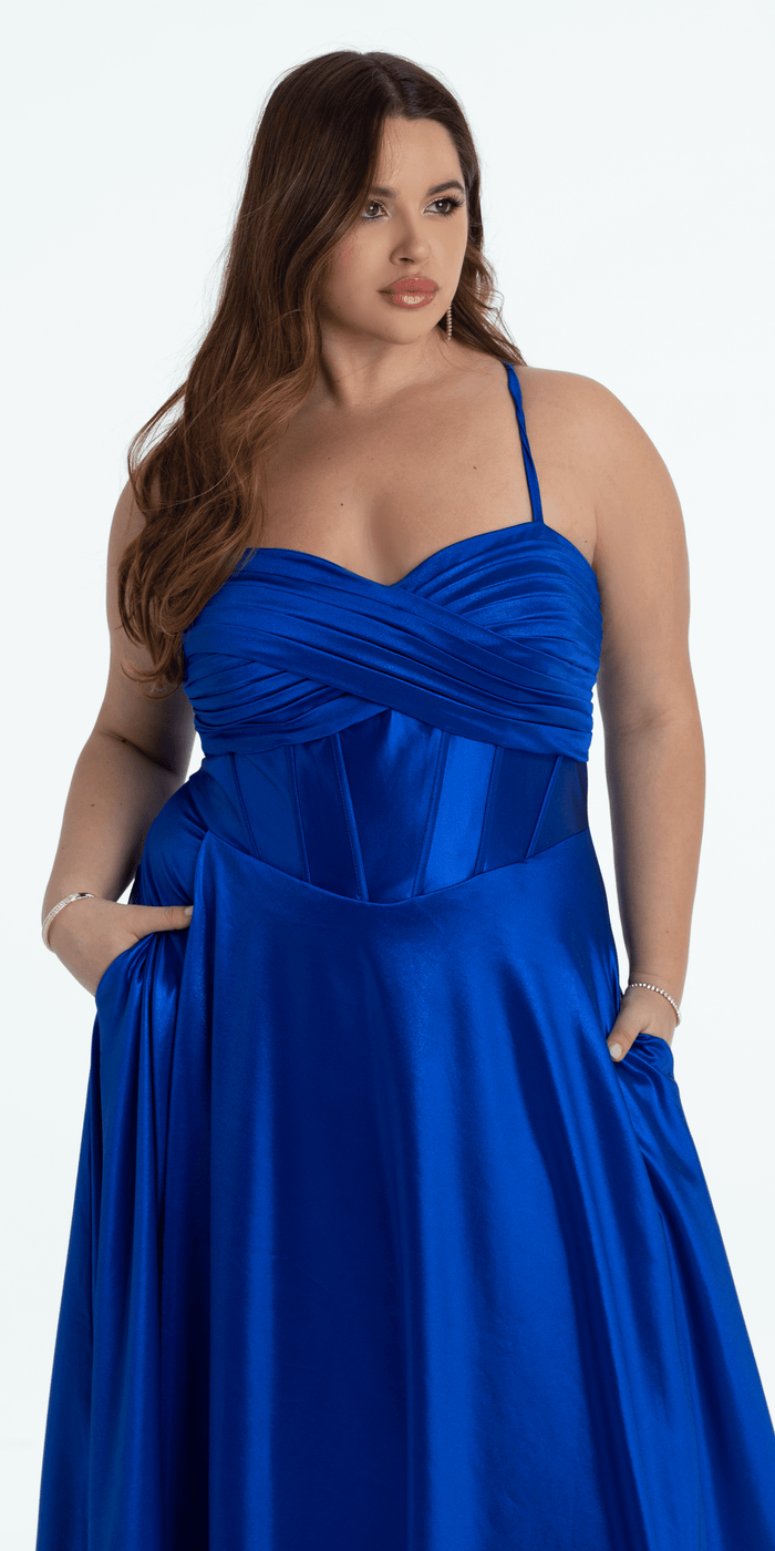 royal-blue/size/14/ plus/Camille La Vie/Twist Bodice Satin Corset Ballgown /close up