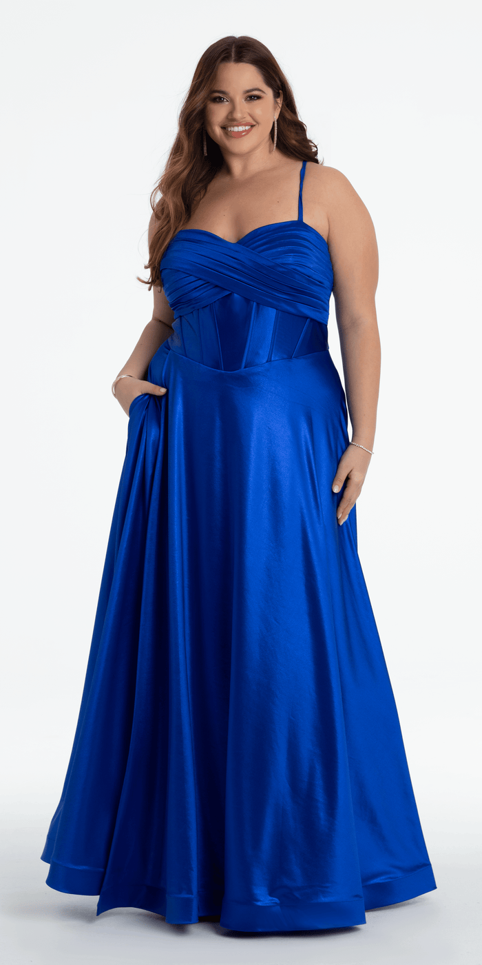 royal-blue/size/14/ plus/Camille La Vie/Twist Bodice Satin Corset Ballgown /front