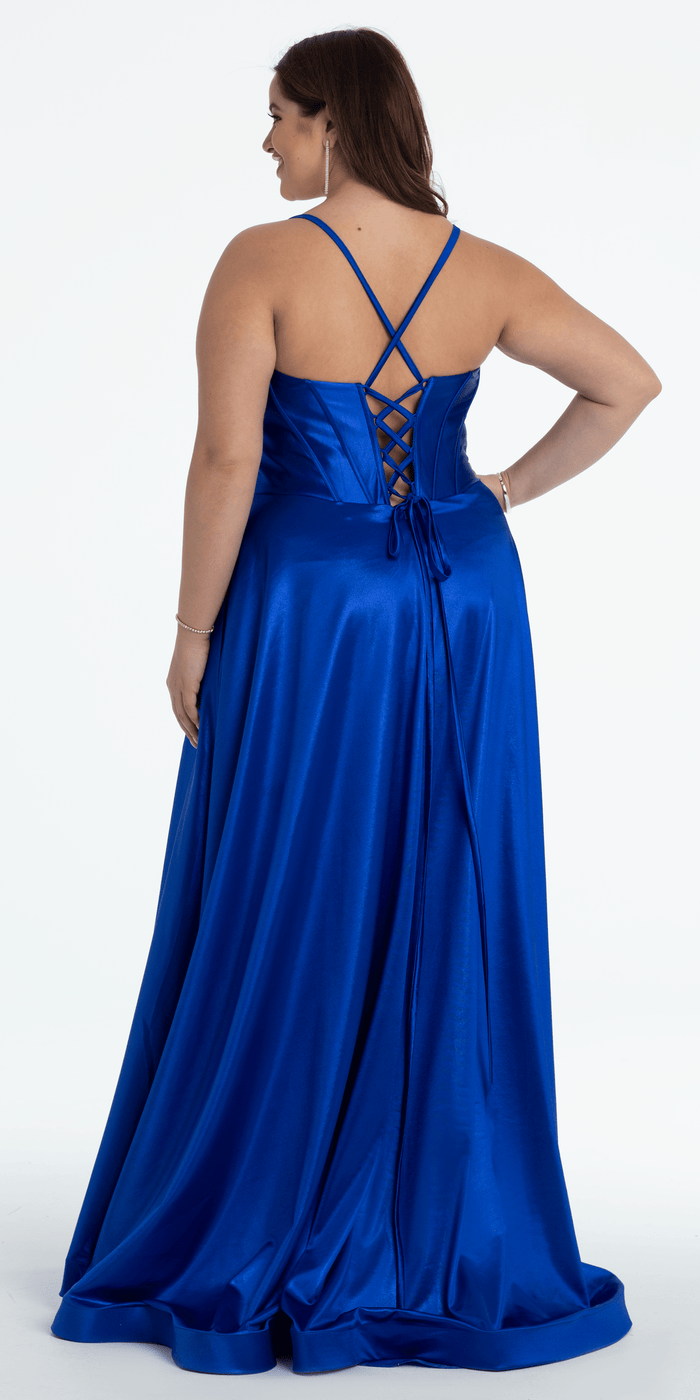 royal-blue/size/14/ plus/Camille La Vie/Twist Bodice Satin Corset Ballgown /back