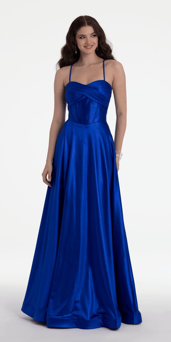royal-blue/size/4/missy/Camille La Vie/Twist Bodice Satin Corset Ballgown /front alt