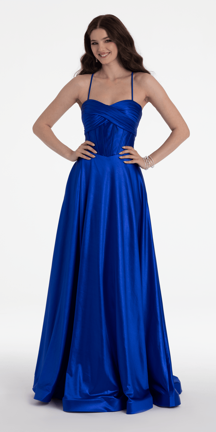 royal-blue/size/4/missy/Camille La Vie/Twist Bodice Satin Corset Ballgown /front alt 2