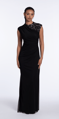 Two Tone Mesh Jewel Neck Cap Sleeve Column Dress with Ruching - Camille La Vie