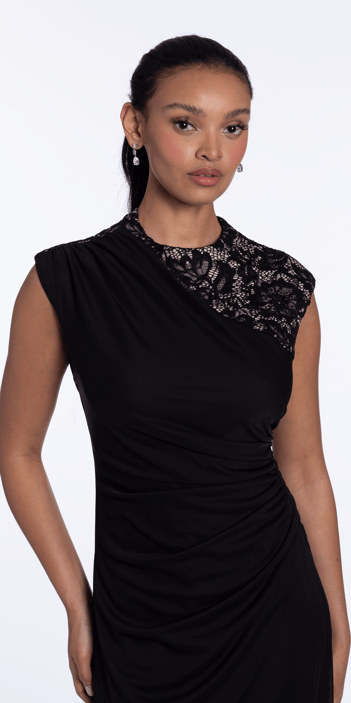 Two Tone Mesh Jewel Neck Cap Sleeve Column Dress with Ruching - Camille La Vie