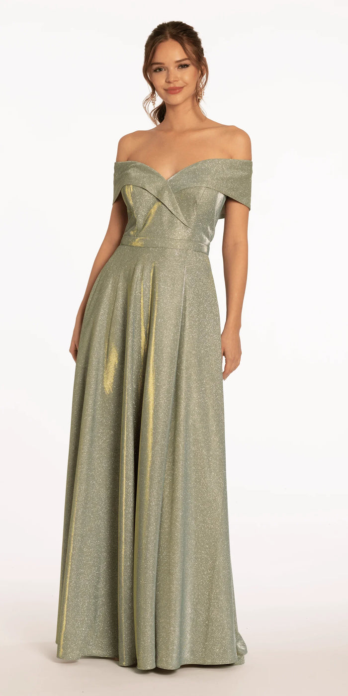 Two Tone Metallic Off the Shoulder Mock Wrap Dress - Camille La Vie