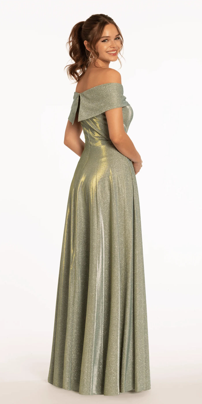 Two Tone Metallic Off the Shoulder Mock Wrap Dress - Camille La Vie