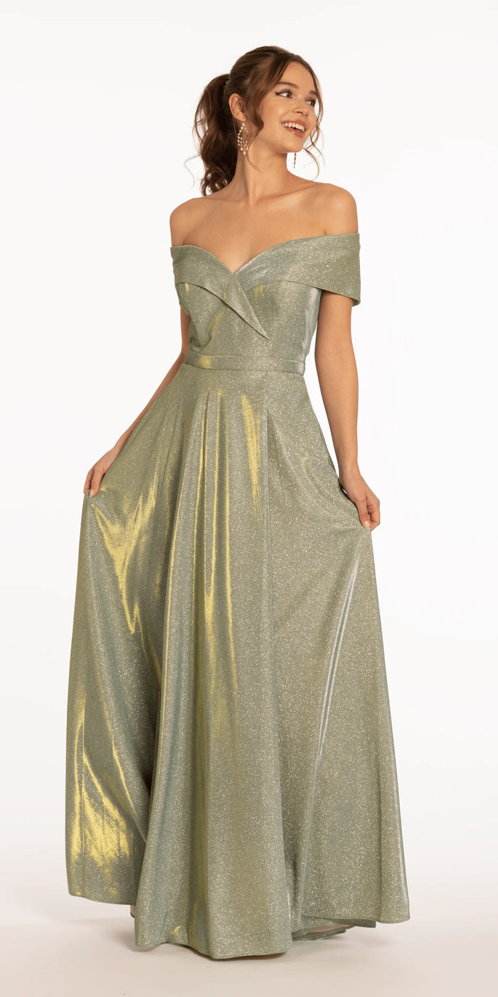 Two Tone Metallic Off the Shoulder Mock Wrap Dress - Camille La Vie