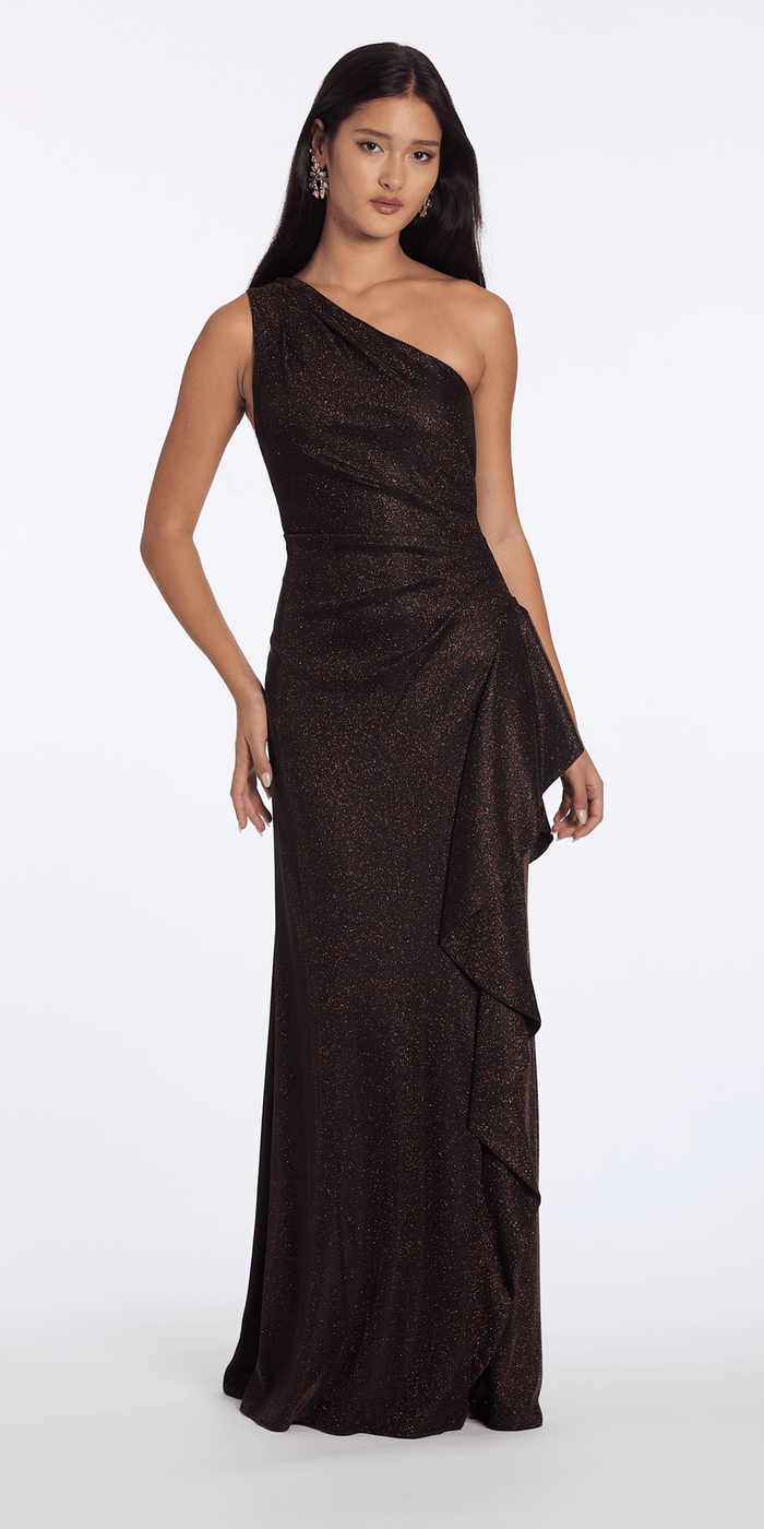 Camille La Vie Two Tone Metallic One Shoulder Column Dress with Side Cascade missy / 4 / brown