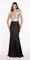lack-silver/size/4/missy/Camille La Vieille La Vie/Two Tone Rosette One Shoulder Satin Trumpet Dress/front