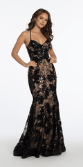 Two Tone Sequin Floral Lace Plunging Corset Mermaid Dress - Camille La Vie