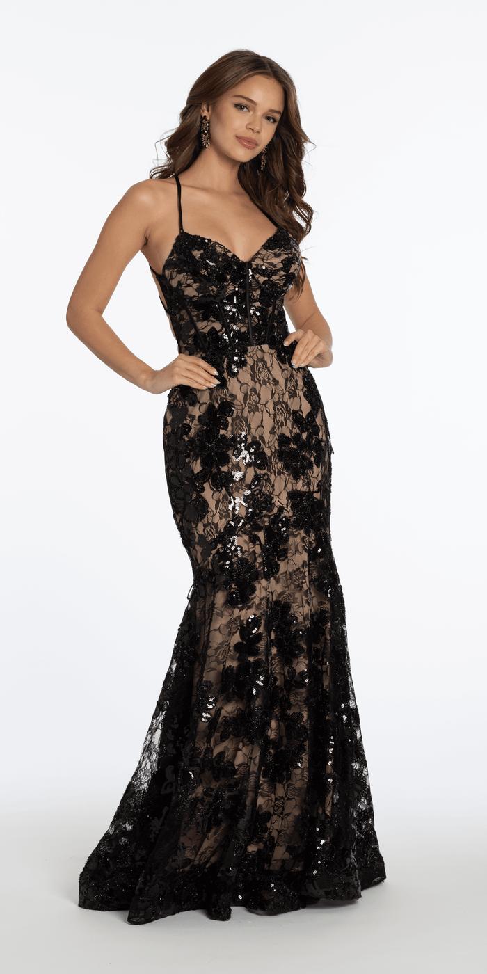 Two Tone Sequin Floral Lace Plunging Corset Mermaid Dress - Camille La Vie