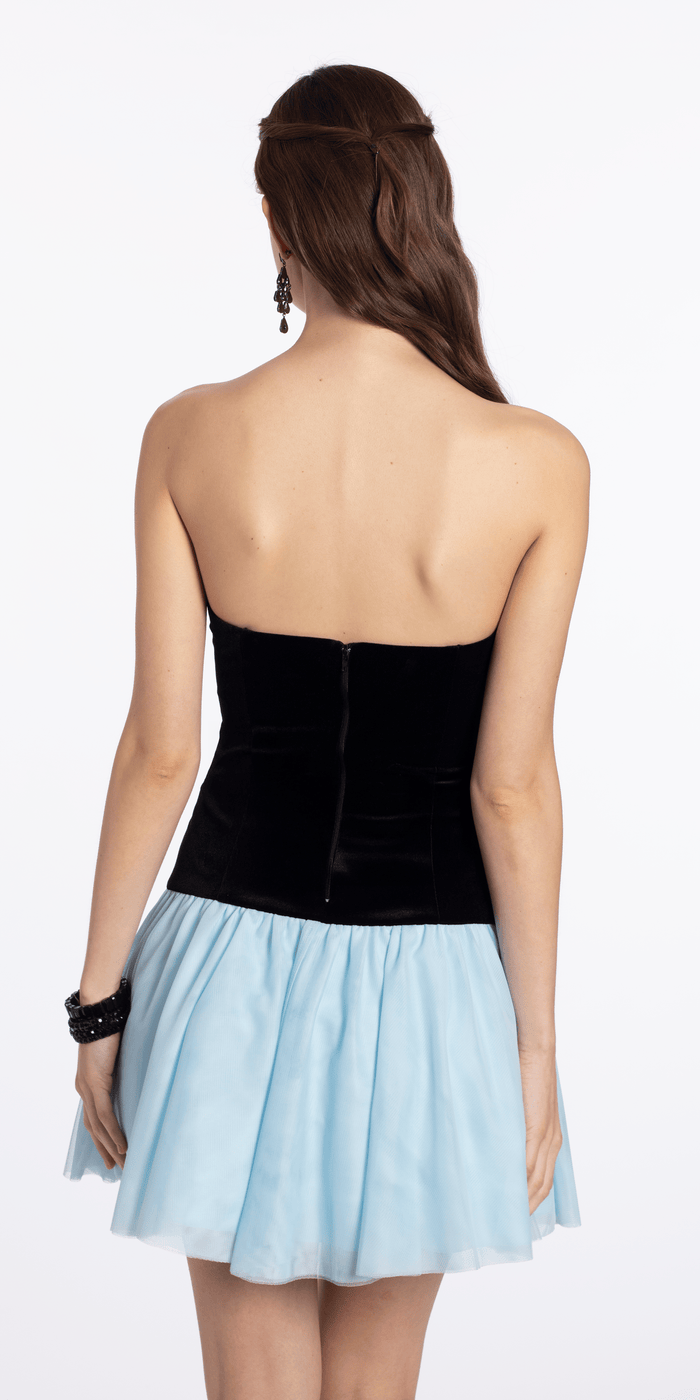 black-blue/ size/s/missy/Two Tone Strapless Velvet Skater dress with Mesh Skirt/back