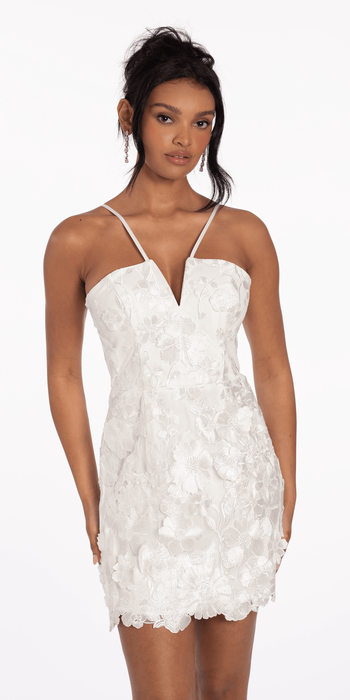 ivory/size/4/missy/Camille La Vie/V Notch Halter Mesh 3D Floral Dress with Scalloped Hem/alt