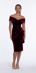 Velvet Off the Shoulder Midi Dress with Side Ruffle - Camille La Vie