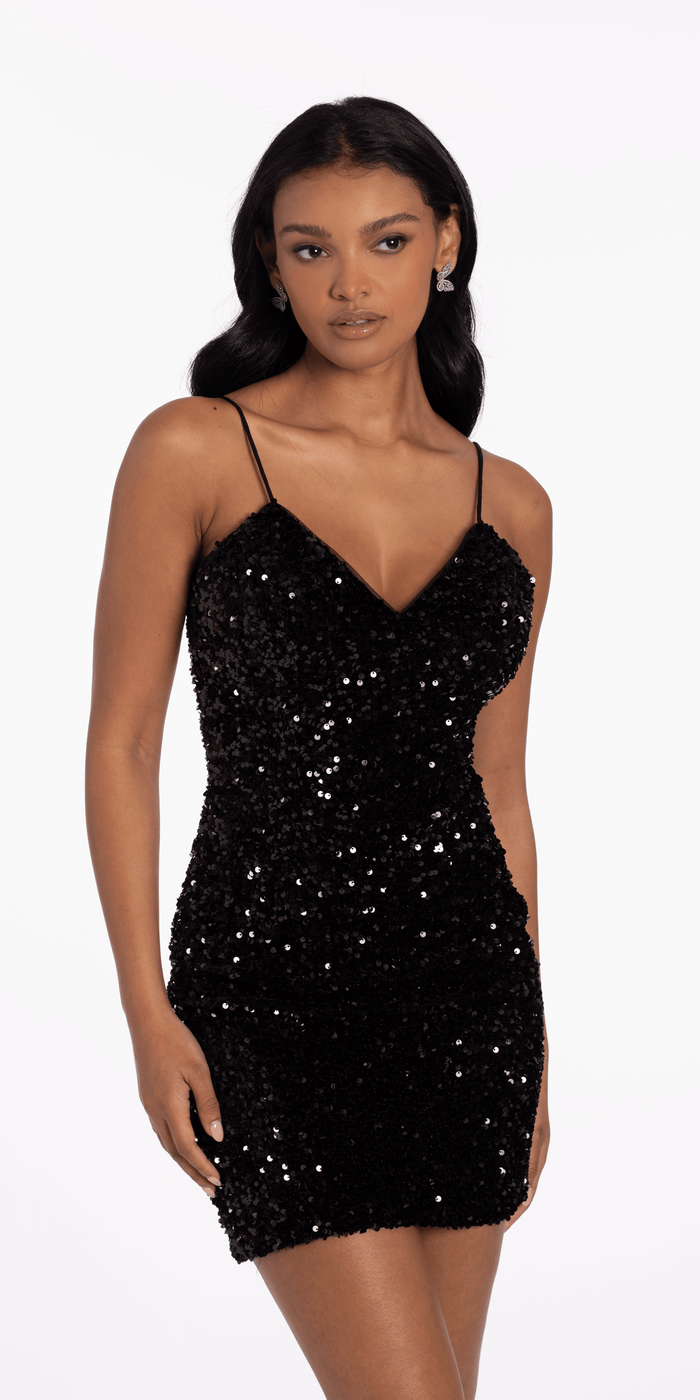 black/size/4/missy/Camille La Vie/Velvet Sequin Lace Up Back Bodycon Dress/front