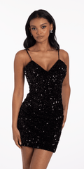 black/size/4/missy/Camille La Vie/Velvet Sequin Lace Up Back Bodycon Dress/front alt
