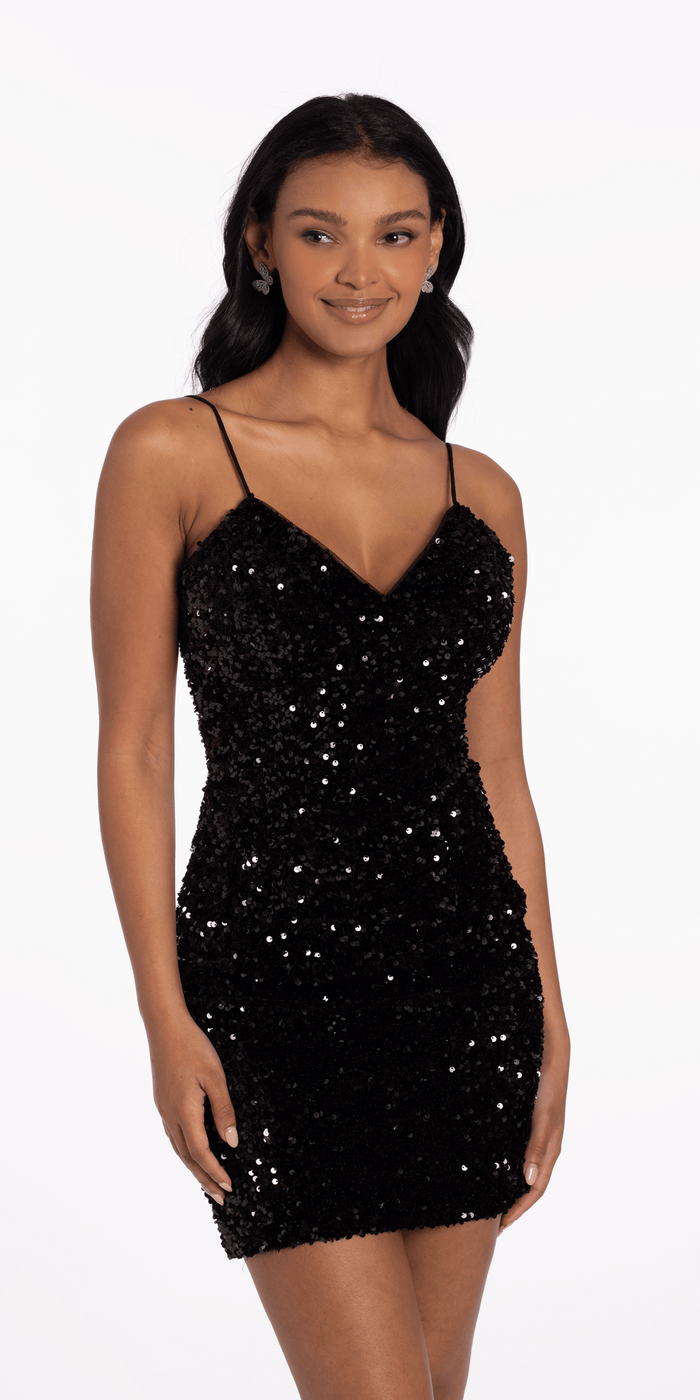 black/size/4/missy/Camille La Vie/Velvet Sequin Lace Up Back Bodycon Dress/front alt 2