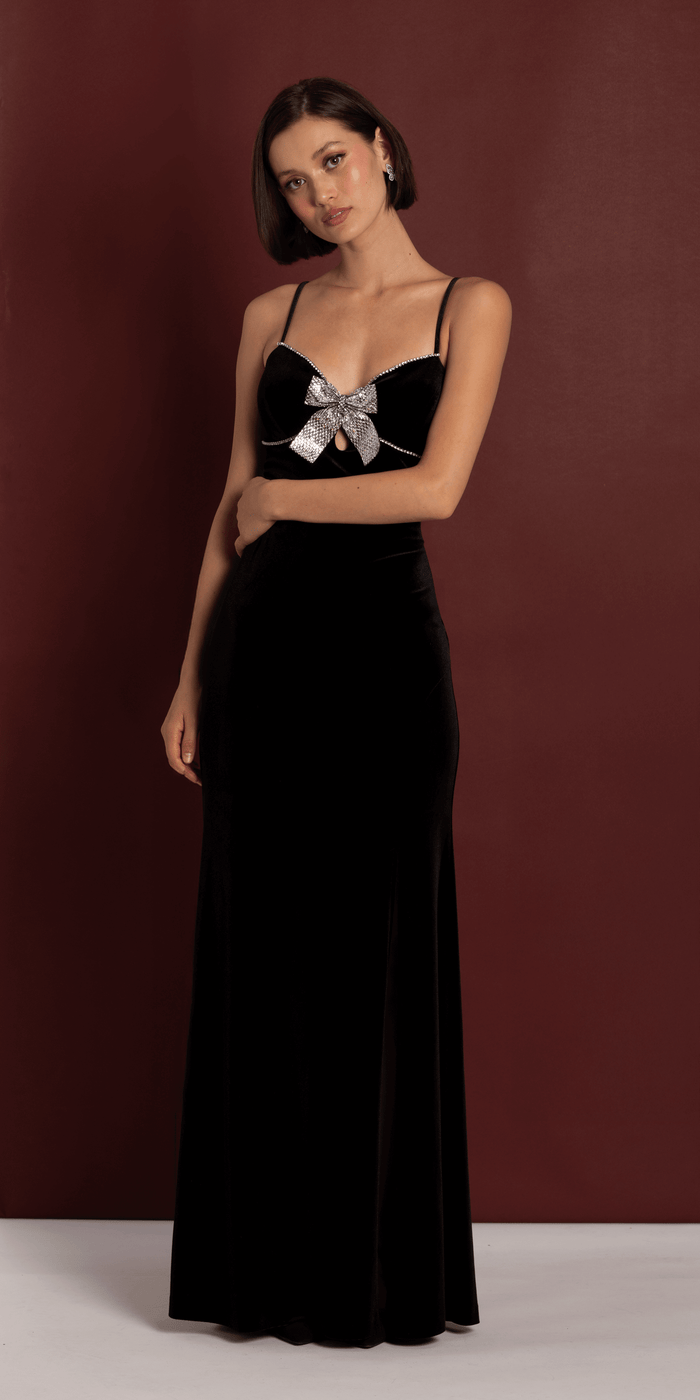 black/size/4/missy/Camille La Vie/Velvet Sweetheart Column Dress with Rhinestone Bow/front alt